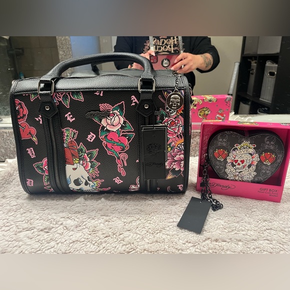 Ed Hardy Handbags - Ed Hardy Black Floral Skull Satchel Bag & gift box heart coin purse wristlet NWT